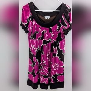 London Times Graphic Pink and Brown Cap Sleeve Midi Dress